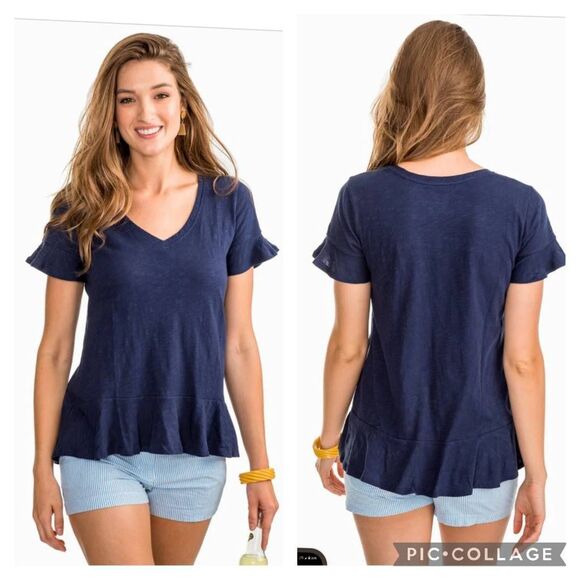 Southern Tide Tops - Southern Tide Gemma Peplum Top in Nautical Navy Size L Hi Lo Hem Flutter Sleeve